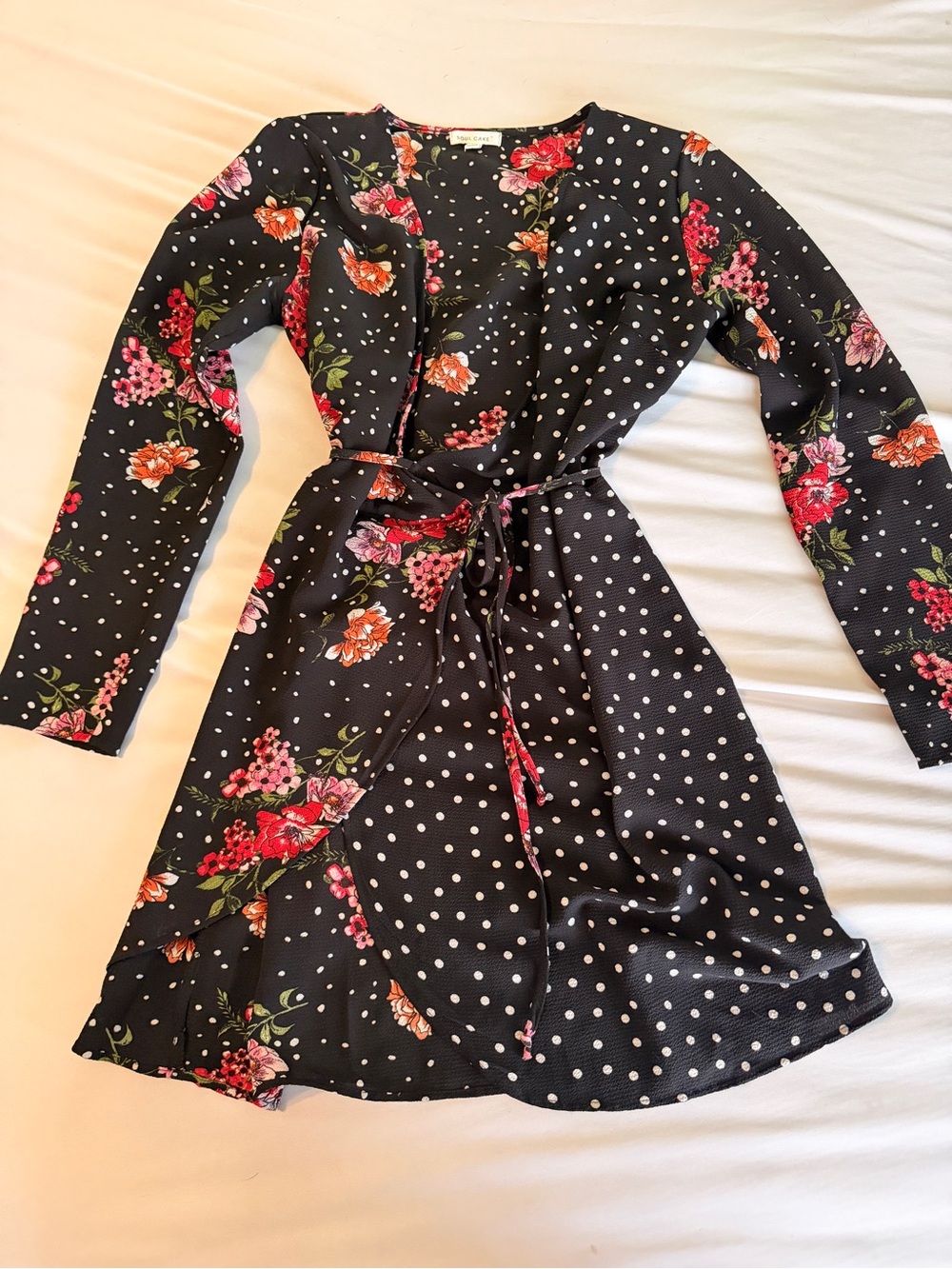 Floral Polka Wrap Midi Dress - Black